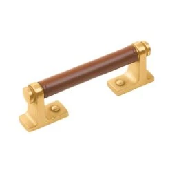 Belwith-Keeler Reserve 3-3/4" (96mm) Center-to-Center Cabinet Pull (Brushed Golden Brass With Brown Leather)