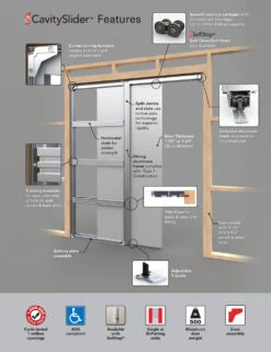 Cavity Sliders SofStop Carriage Pack W/Single Soft-Close And One Track Stop, For Doors Up To 176lbs, 28" Min. Door Width 13 Cavity Sliders SofStop Carriage Pack W/Single Soft-Close And One Track Stop, For Doors Up To 176lbs, 28" Min. Door Width -Amerock Sales Shop cavityslider kitset features big 2