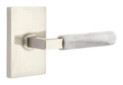 Emtek Select L-Square White Marble Door Leverset W/Modern Rectangle Rosette -Amerock Sales Shop emt modern brass lever ls mrwh modern rectangular us15 web big 1