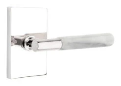 Emtek Select T-Bar White Marble Door Leverset W/Modern Rectangle Rosette -Amerock Sales Shop emt modern brass lever ta mrwh modern rectangular us26 web big