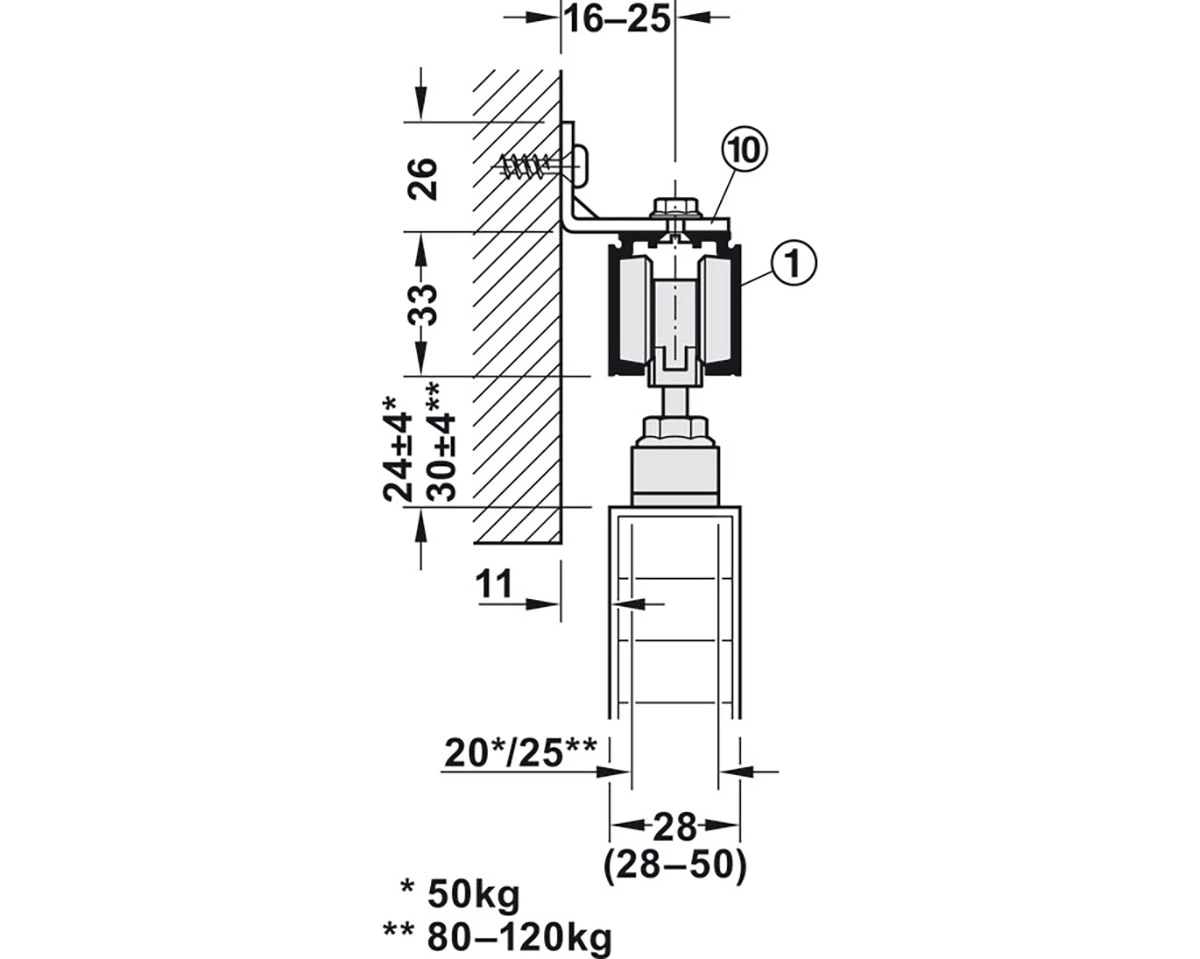 Hafele Slido D-Line11 120-P Sliding Door Hanger Set - 254lb. (19-11/16" Min. Door Width Without Soft Close) 5 Hafele Slido D-Line11 120-P Sliding Door Hanger Set - 254lb. (19-11/16" Min. Door Width Without Soft Close) - Image 5
